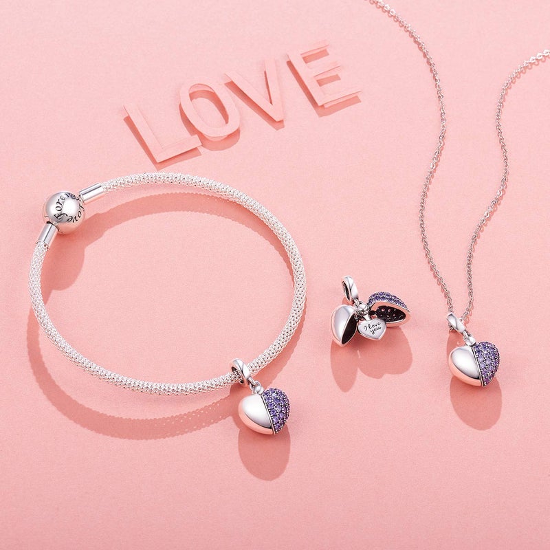 NINGAN â€œI Love Youâ€ Light Purple Love Heart Dange Charm 925 Sterling Silver Pendant Beads fit Bracelets & Necklaces, Birthday Gift for Women - Image 1